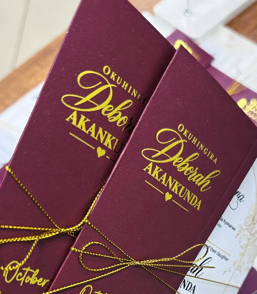 Burgundy Acrylic Okuhingira Suite — real Wedding Cards Uganda invitation